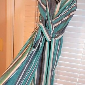 A.n.a Boho Strip Linen Blend Green White Spaghetti Strap Jumpsuit Romper Size S